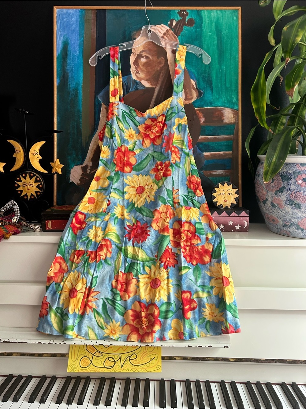 Y2K Um & Co Floral Sundress Blue Yellow Red Tropical Midi Dress Women’s 12